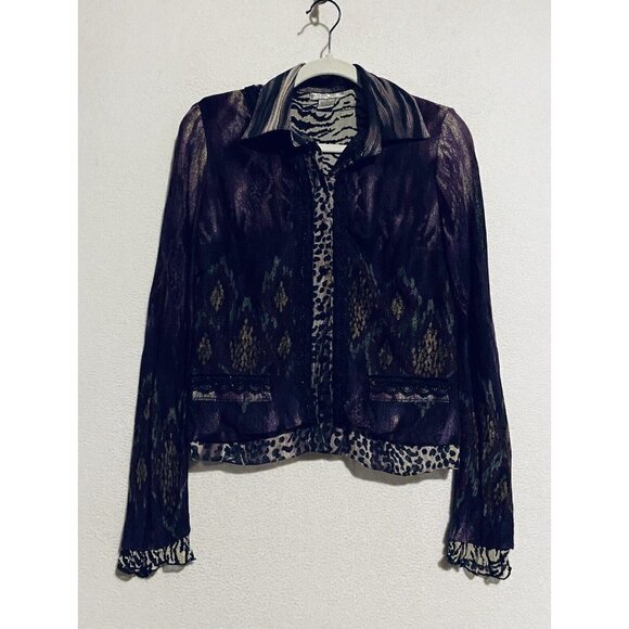 Alberto Makali Top Womens Small Animal Print Button Up Knit Chiffon Boho Artsy - Picture 1 of 7